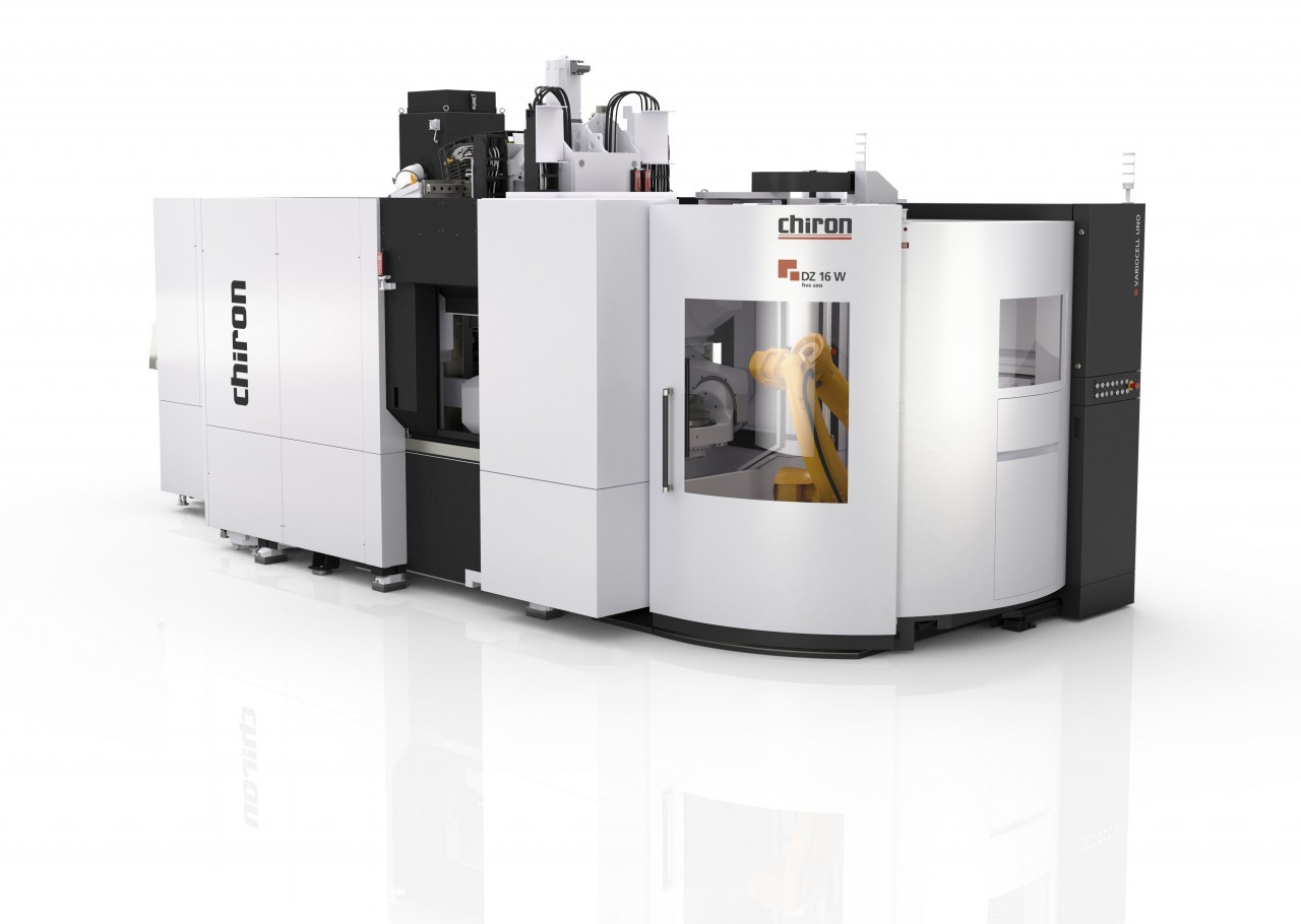 Die Kombination aus CHIRON DZ 16 W und kompakter Automationseinheit VariocellUno ermöglicht einen besonders produktiven, hauptzeitparallelen Austausch von Roh- und Fertigteilpaletten in der Serienproduktion und erlaubt die Fertigung vieler Werkstücke in sehr kurzen Taktzeiten.  