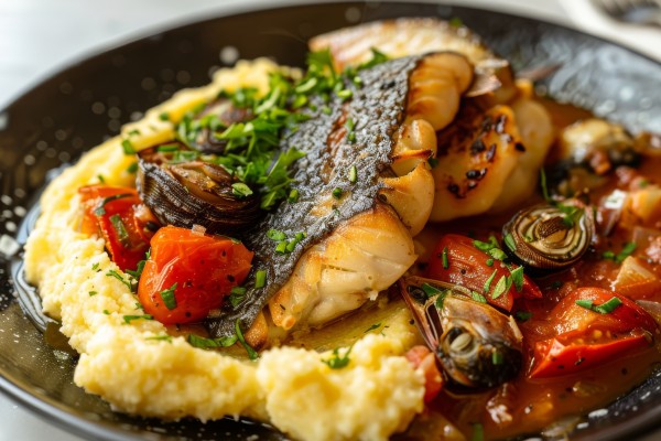 Herzhafte kroatische Meeresfrüchteplatte mit gegrilltem Fisch, Muscheln, Kirschtomaten und Lauch auf einem Bett aus cremiger Polenta 