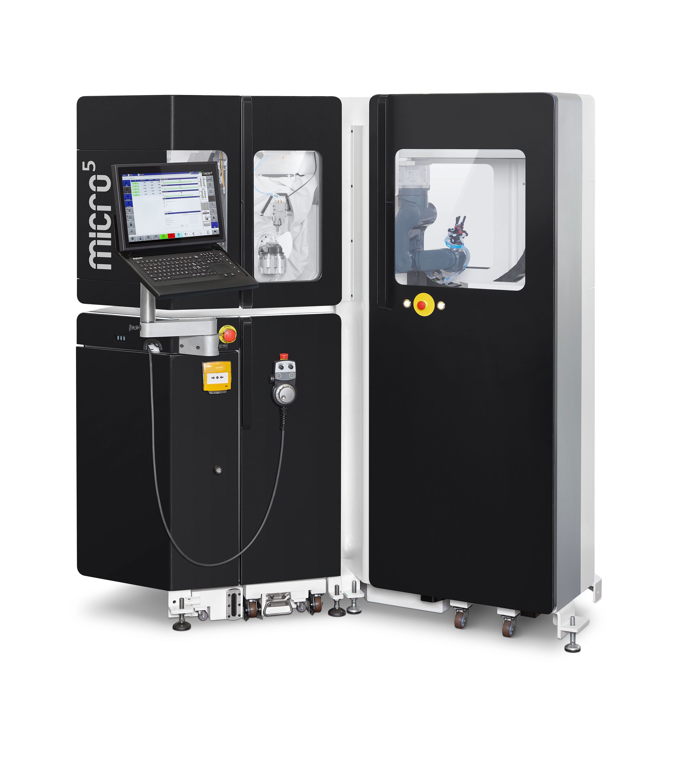 Micro5 with automation cell Feed5. Extreme energy efficiency, minimal footprint, high autonomy. For micro-machining that is resource-efficient, ultra-precise, autonomous and scalable.